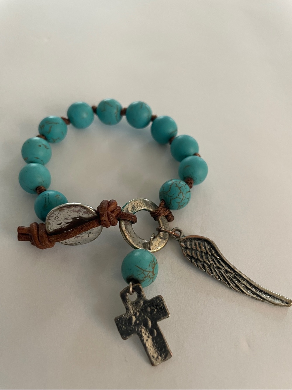 Turquoise Beaded Bracelet-Angel Wing/Cross Silver/Leather X/S